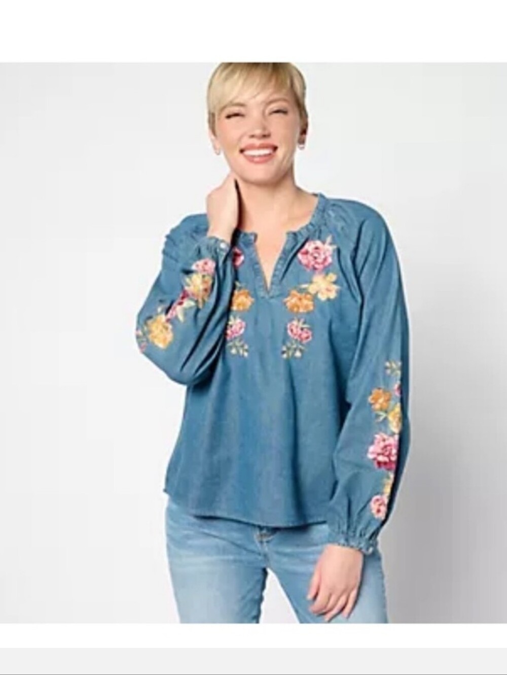 NWT Driftwood Embroidered Chambray Floral Peasant Blouse Top Sz 1x